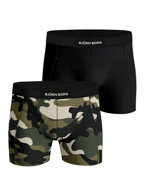 Premium Cotton Stretch Boxer 2-pack i sort og camouflage i bomuldsstretch med hvidt logo på elastikken.