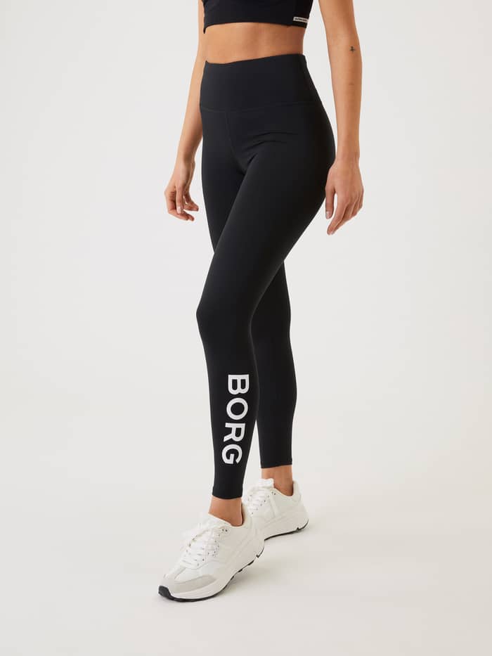Borg Logo Tights in Black Beauty (Black) featuring a high-waisted fit and a white logo for women's training. - Image 2