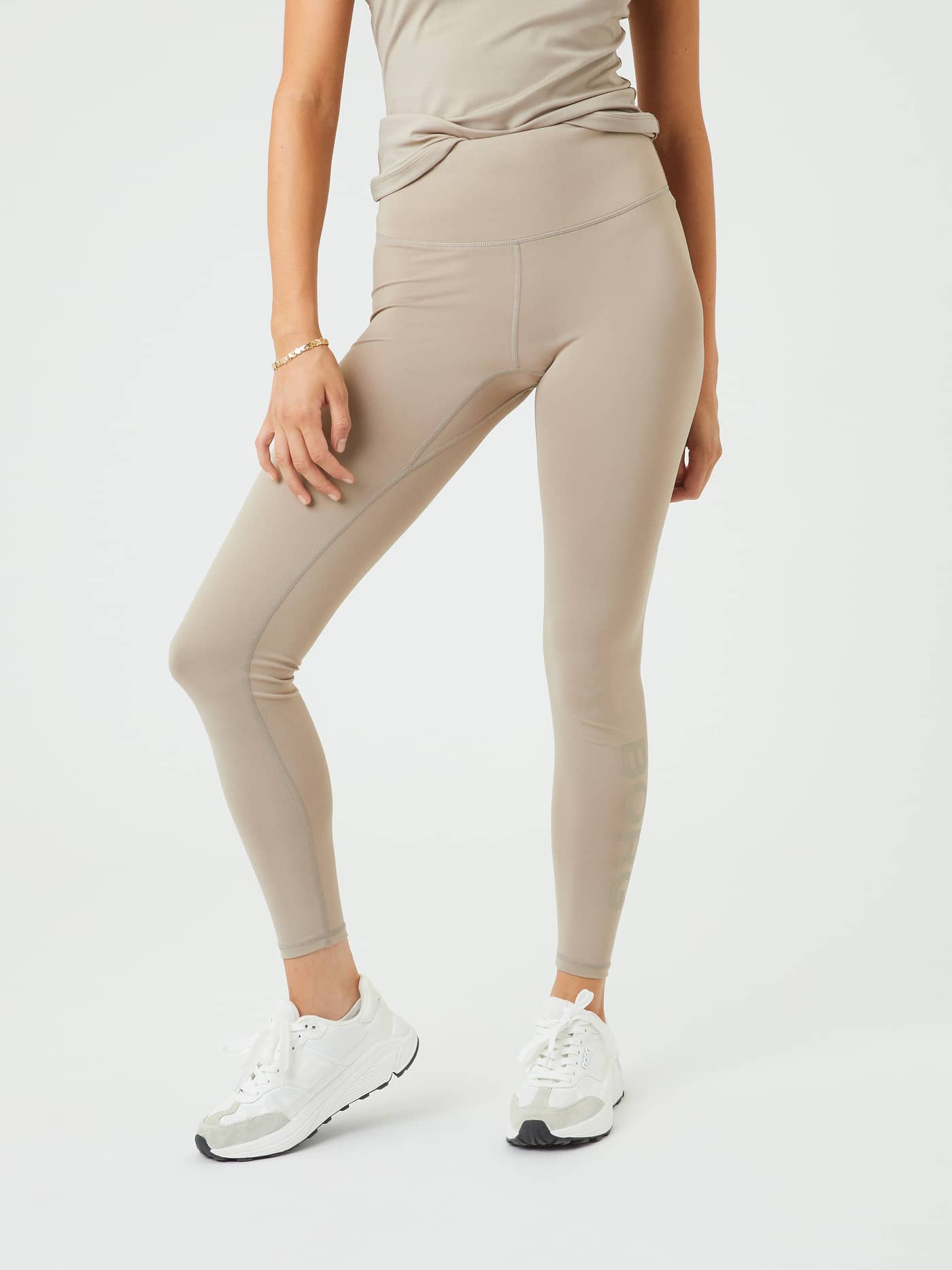 Borg Logo Tights in Vintage Khaki (Beige) featuring a high waist and tonal logo for a stylish, high-stretch training fit. - Image 2