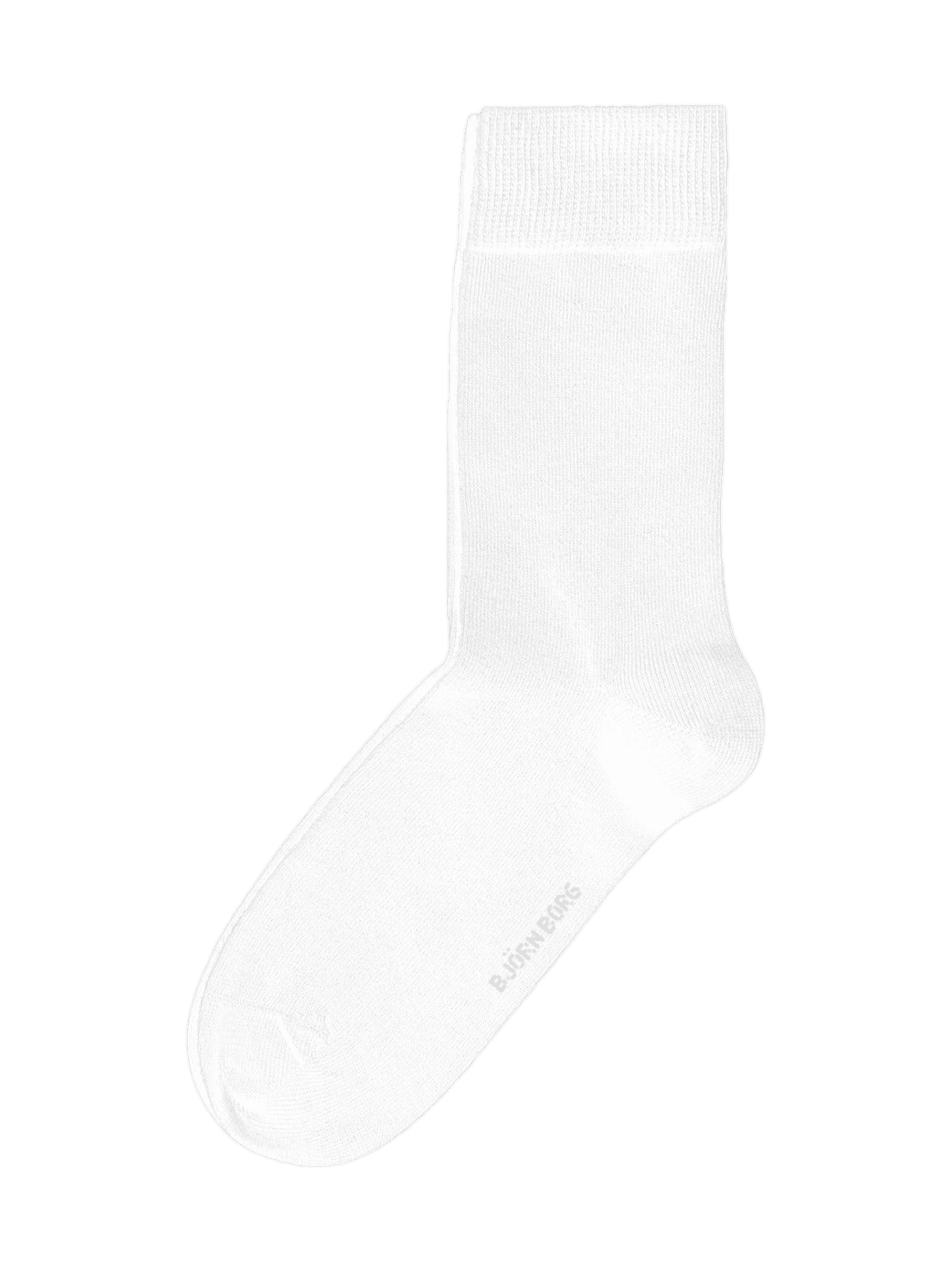 Side view of a white Essential Socks 10-pack in a soft cotton blend with a ribbed cuff and logo underfoot. - Image 5