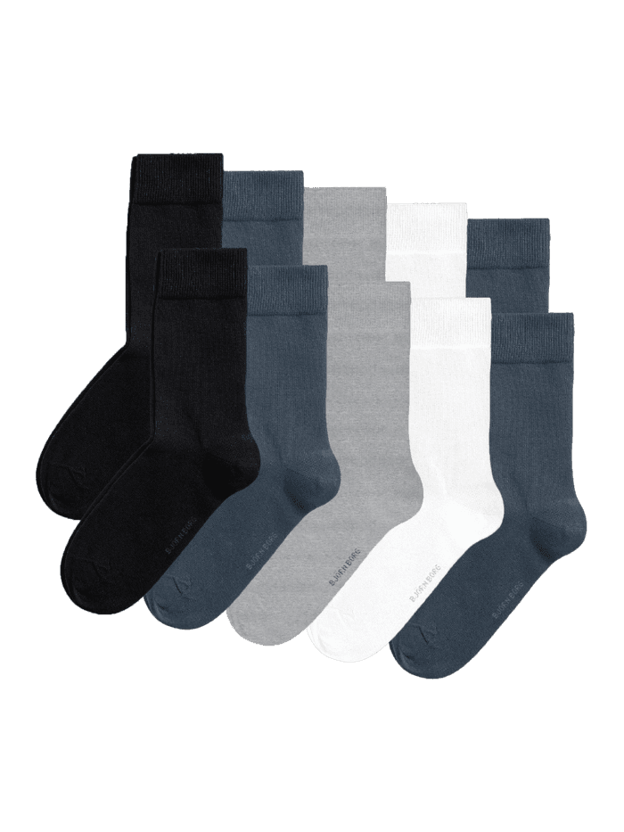 Essential Socks 10-pack in black, white, grey melange, and navy blue, featuring ribbed cuffs and contrast logos.