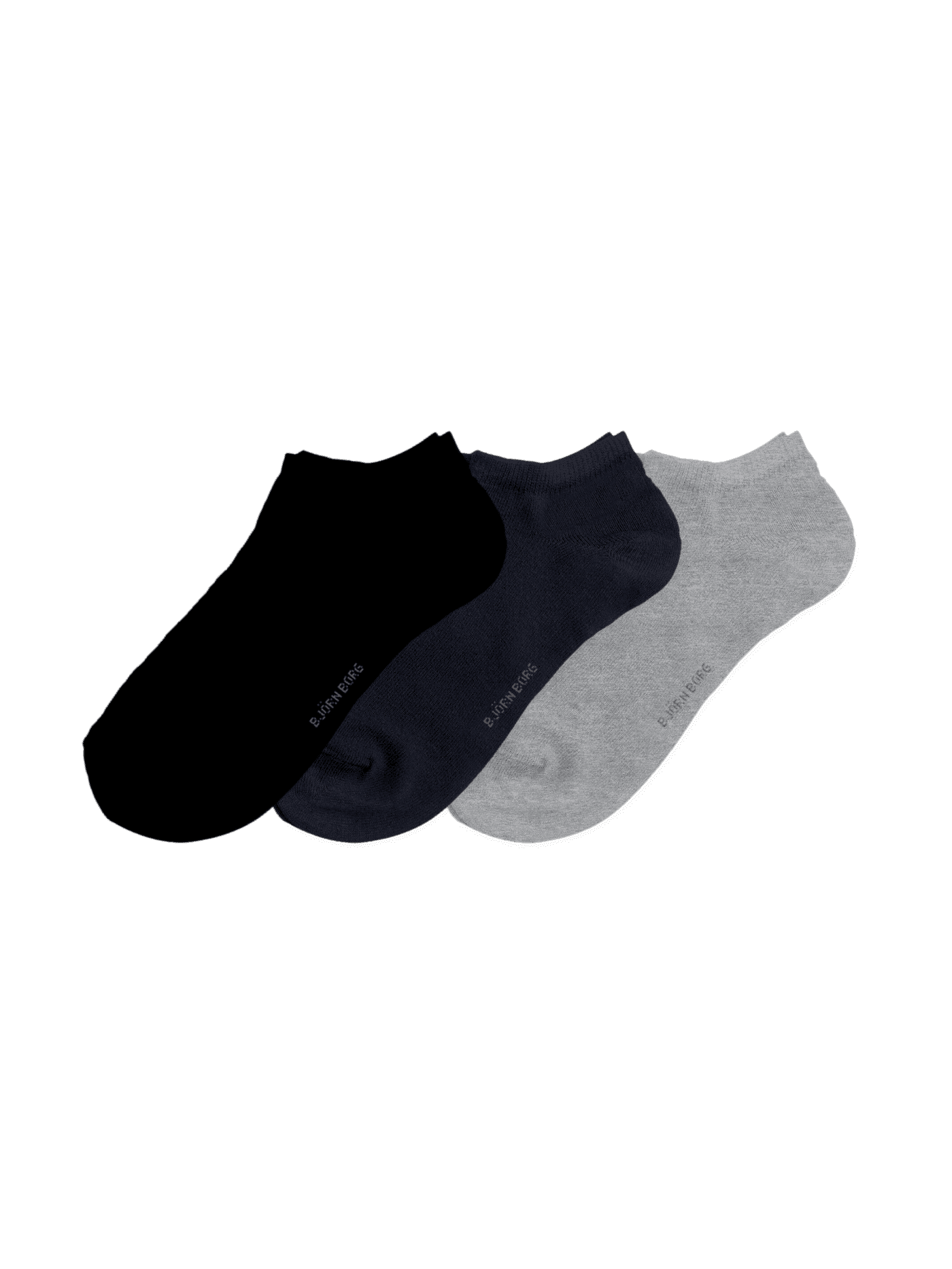 Essential Ankle Socks 3-pack i gråmelerat, marinblått och svart, mjuk bomullsblandning, låg modell och grå Borg-logotyper. - Image 1