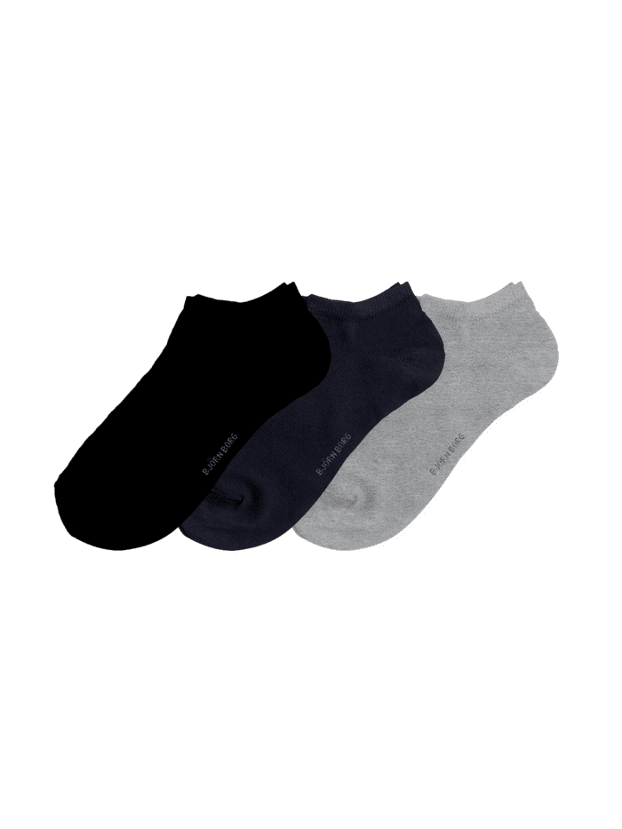Essential Ankle Socks 3-pack in melange, marineblauw en zwart van zachte katoenmix met laag model en grijze Borg-logo's.