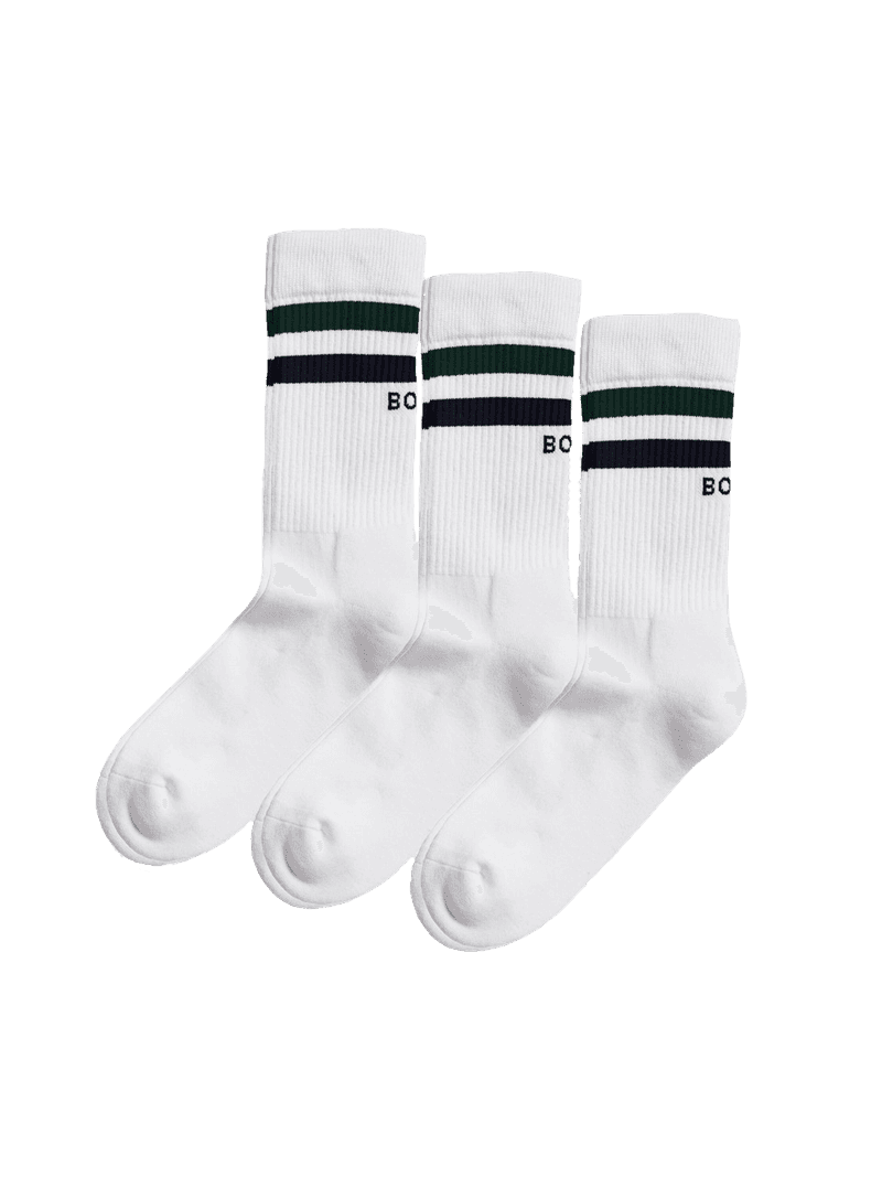 White Björn Borg Core Crew Socks 3-pack featuring green and navy athletic stripes and a black BORG logo.
