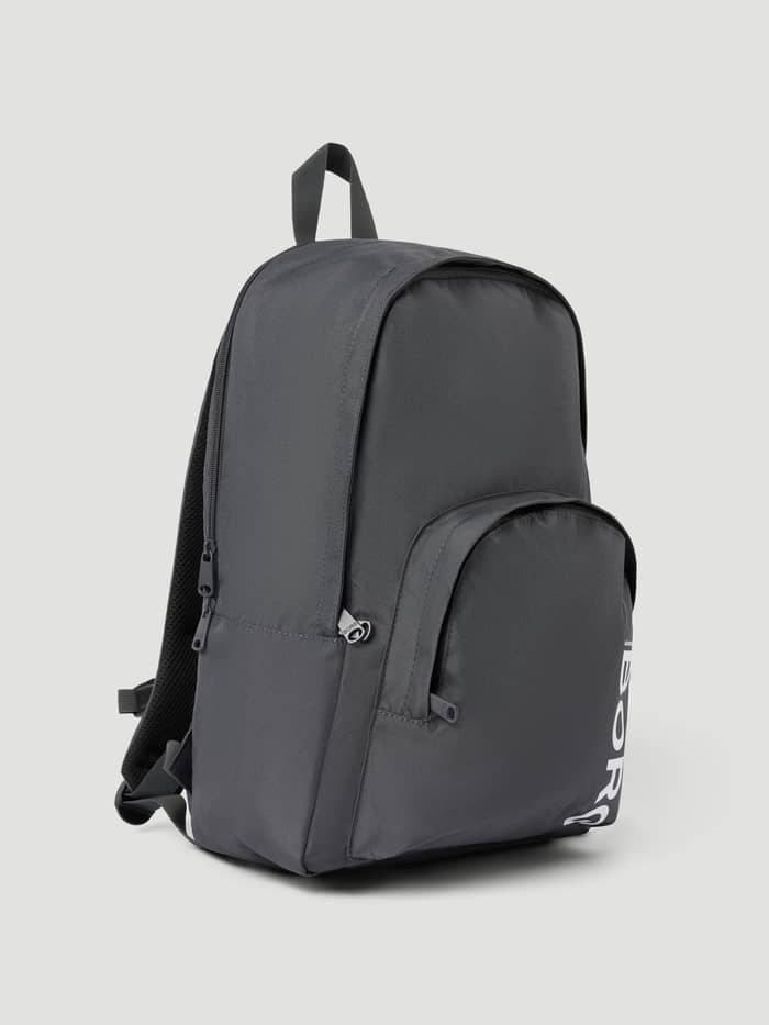 Side view of the Björn Borg Core Iconic Backpack 25L in Asphalt (Grey) featuring a white logo and recycled material. - Image 2