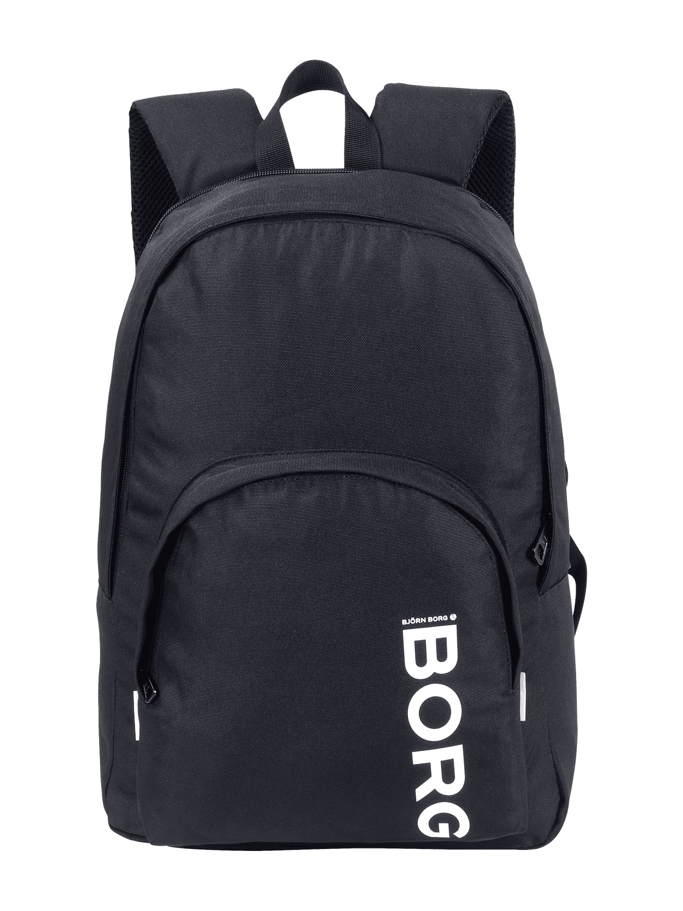 Front view of the black Björn Borg Core Iconic Backpack 25L in recycled polyester featuring a white logo. - Image 2