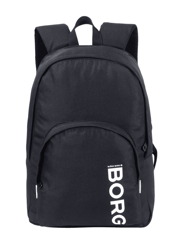 Front view of the black Björn Borg Core Iconic Backpack 25L in recycled polyester featuring a white logo. - Image 2