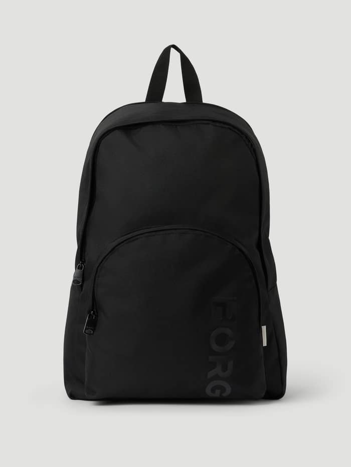 Front view of the black Björn Borg CORE ICONIC BACKPACK 17L featuring a large vertical logo and recycled material.