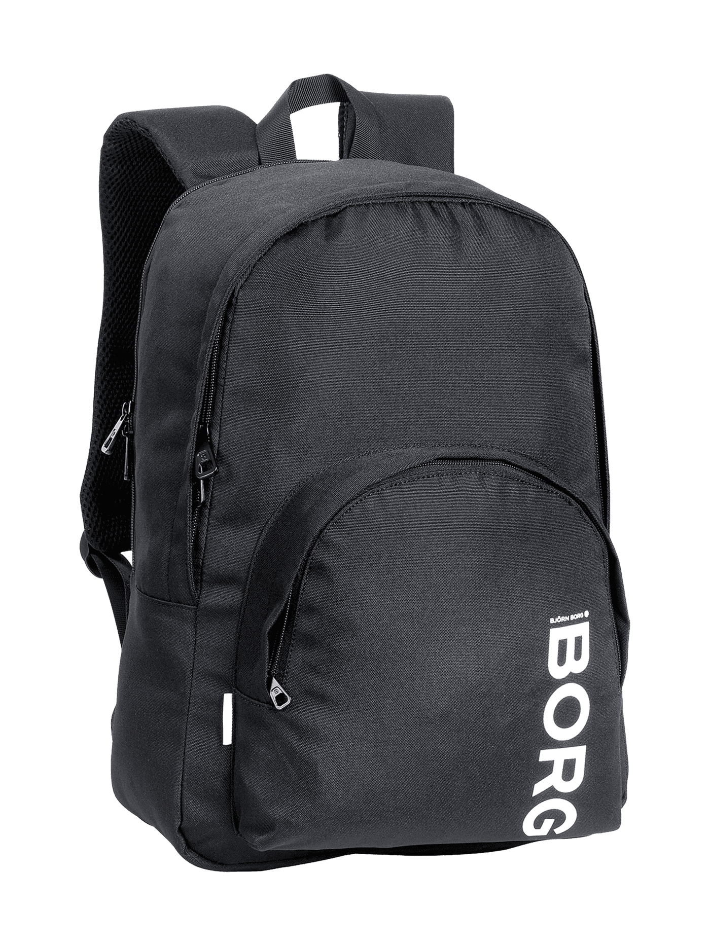 Front view of the black Core Iconic Backpack 25L in recycled polyester with a large white Borg logo and dual compartments. - Image 1