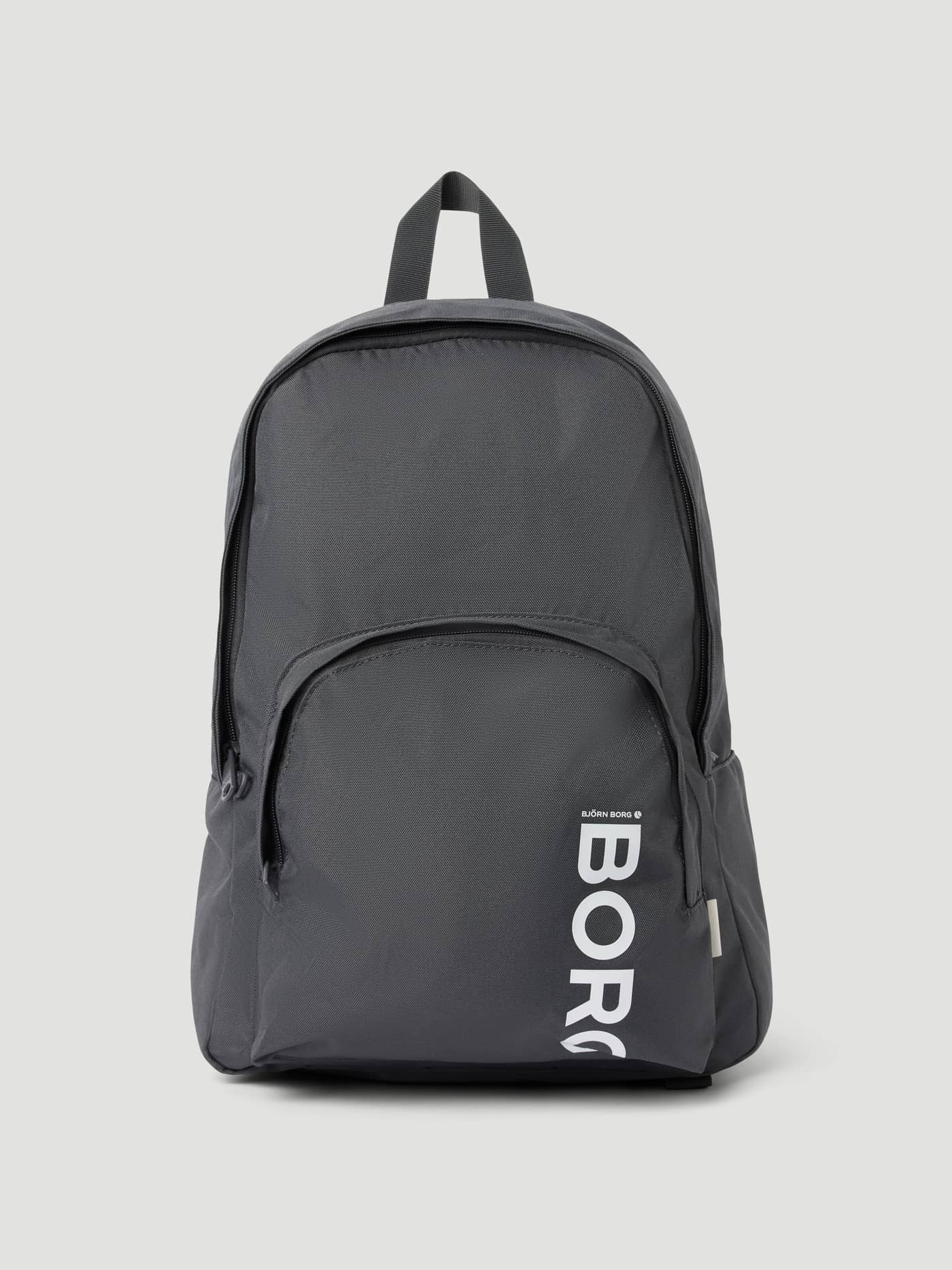 Front view of the Björn Borg Core Iconic Backpack 25L in Asphalt (Grey) with a white BORG logo and recycled polyester. - Image 1