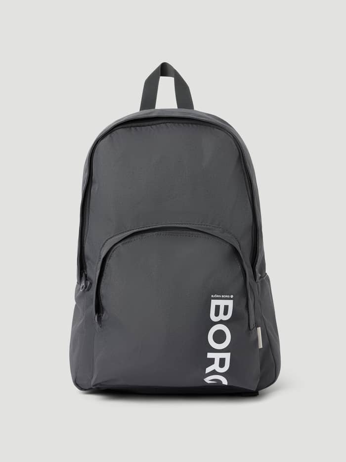 Front view of the Björn Borg Core Iconic Backpack 25L in Asphalt (Grey) with a white BORG logo and recycled polyester.