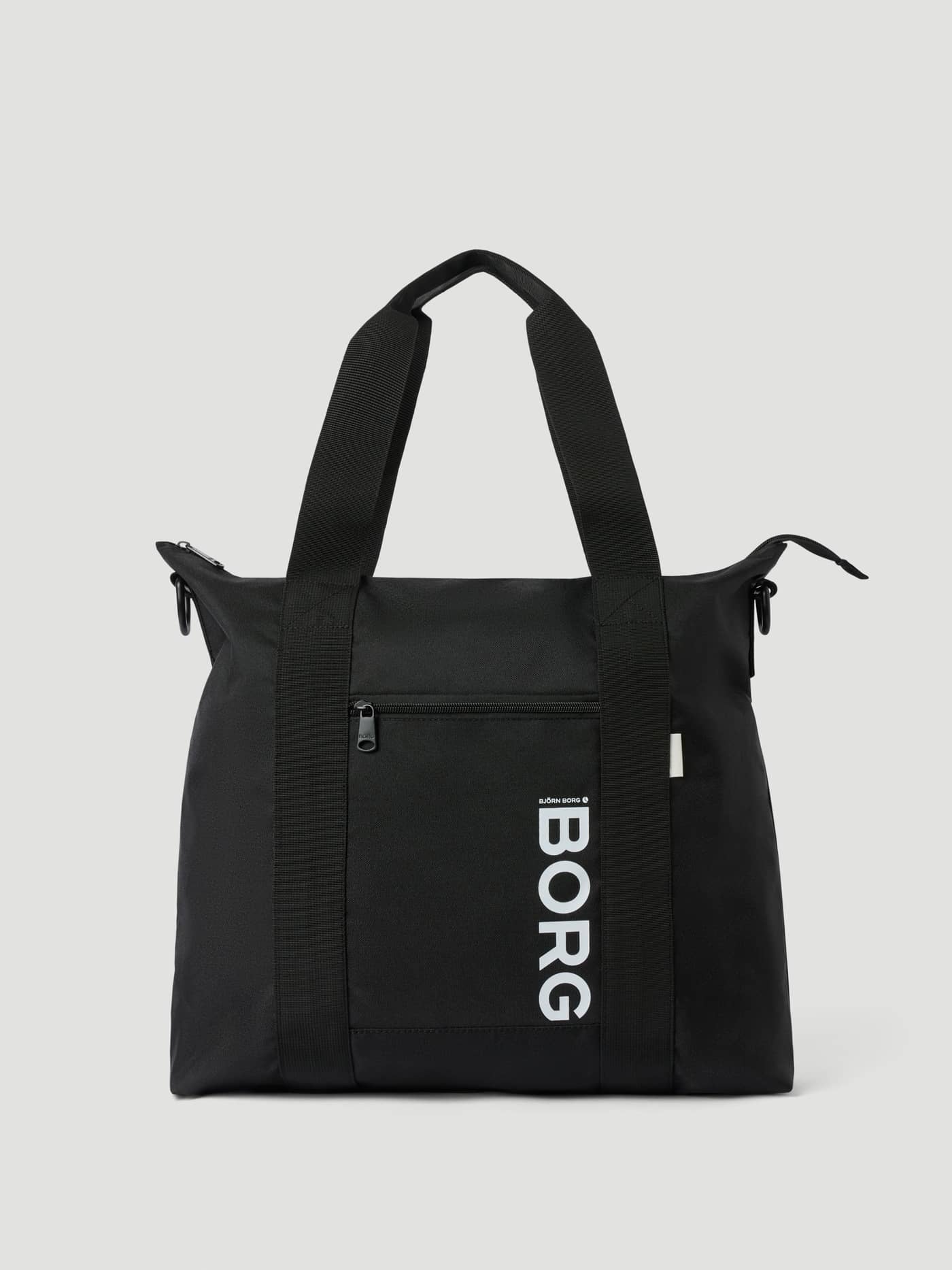 Front view of the Core Tote Bag 23L in Black Beauty (Black) featuring durable handles and a vertical white BORG logo. - Image 1