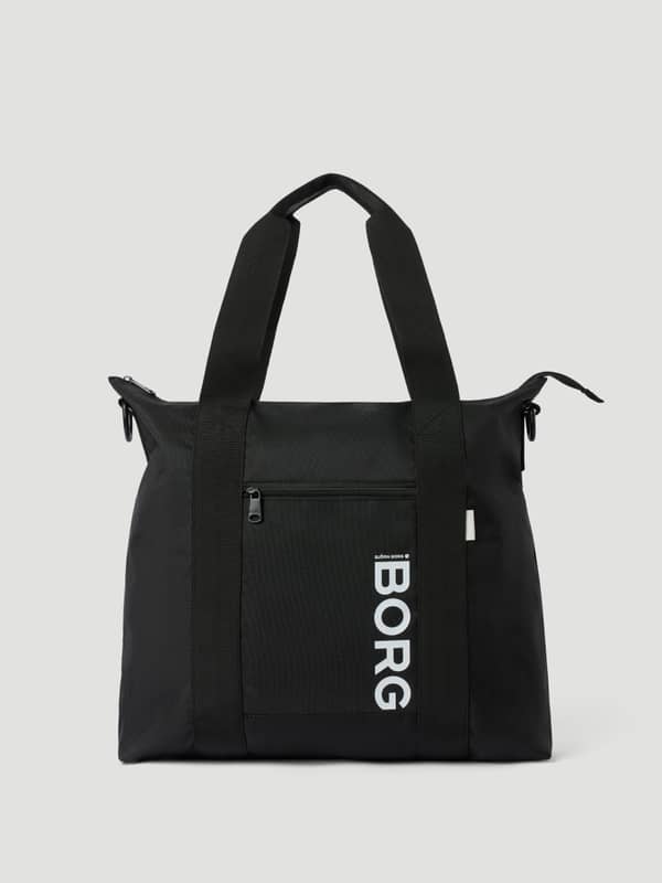Front view of the Core Tote Bag 23L in Black Beauty (Black) featuring durable handles and a vertical white BORG logo.