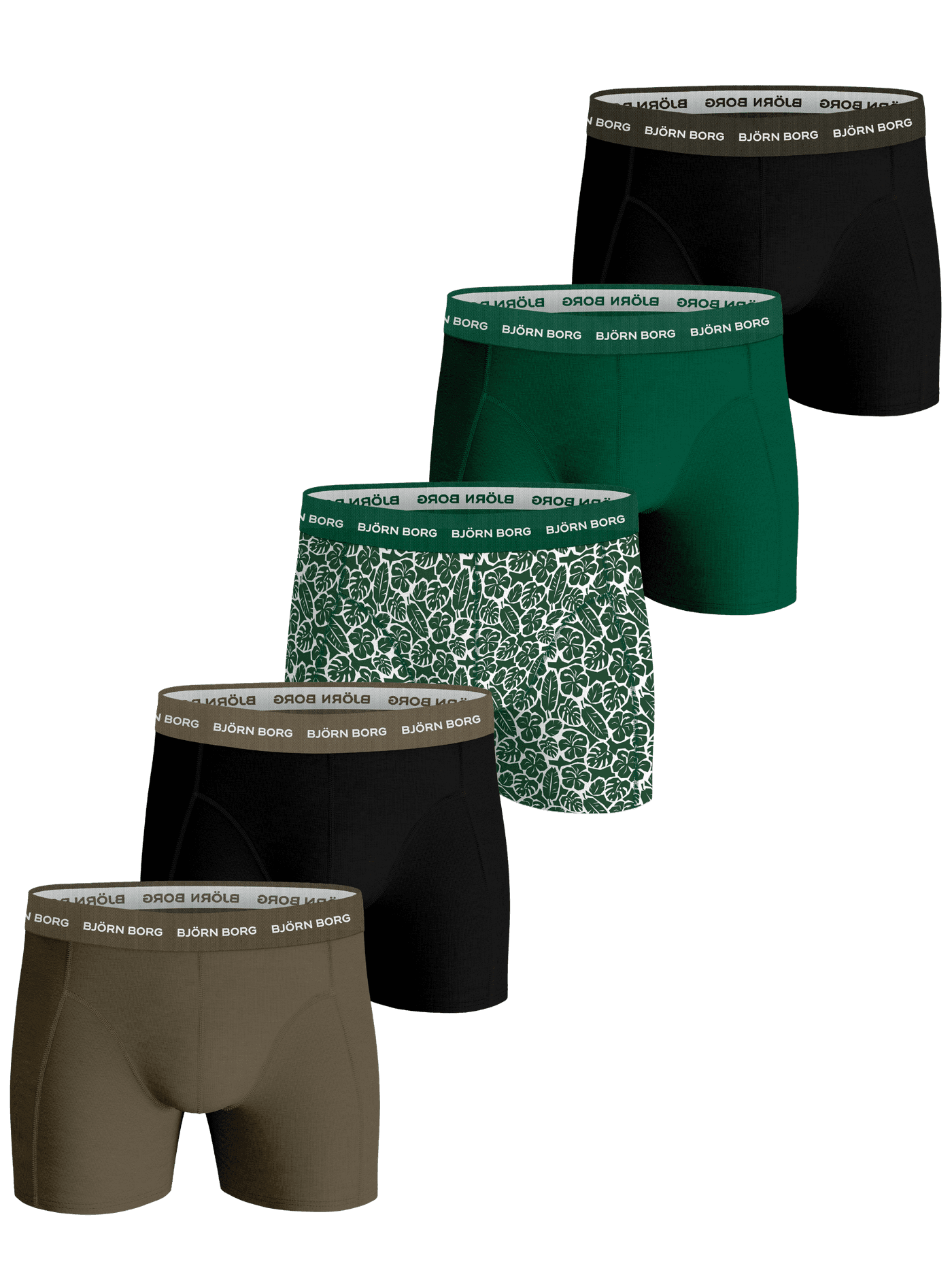 Cotton Stretch Boxer 5-pack featuring black, green, and leaf print boxer briefs with white logos on the waistbands. - Image 1