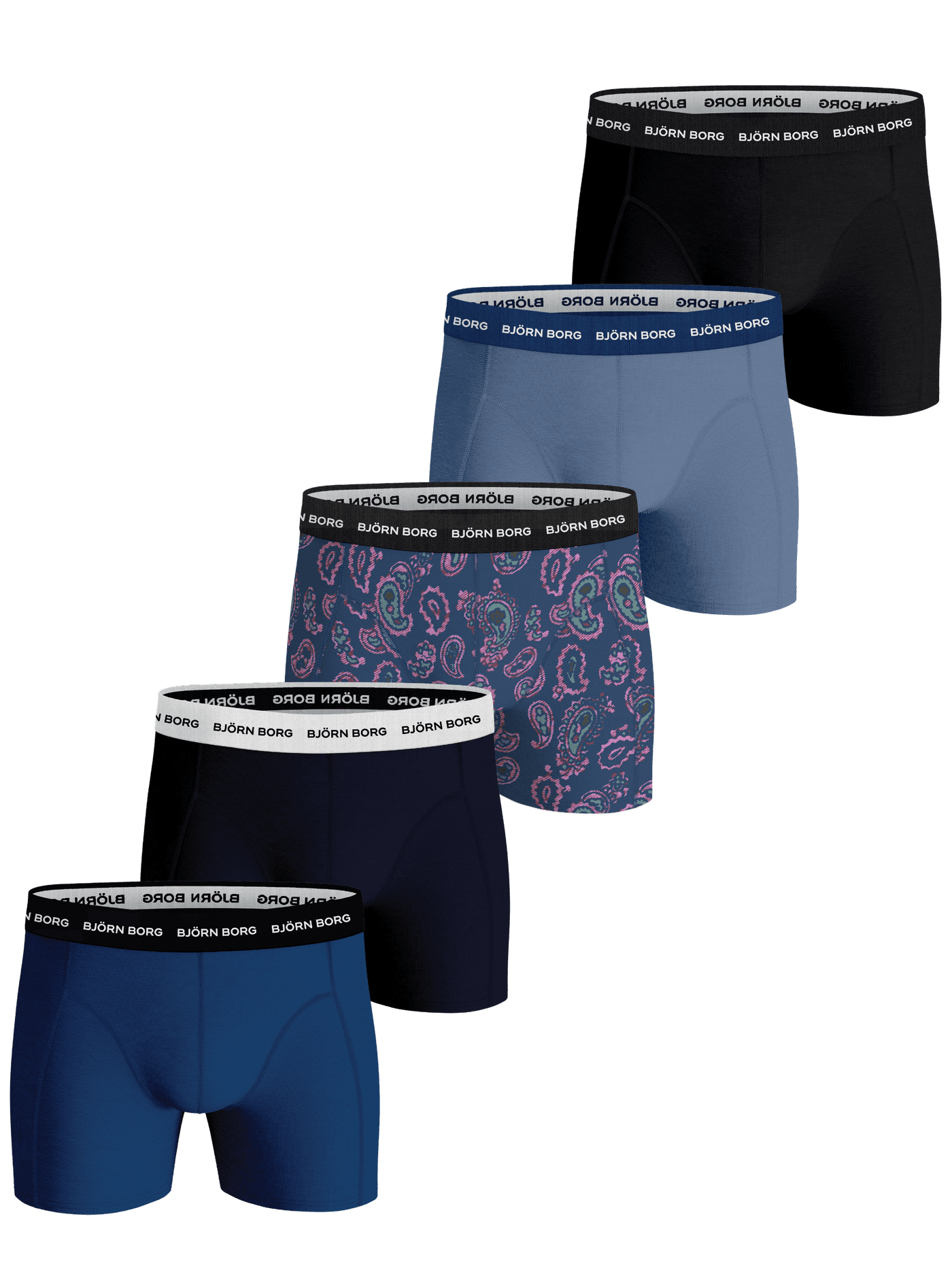 Cotton Stretch Boxer 5-pack with white logos featuring five stylish boxer briefs in black, blue, and a paisley print. - Image 1