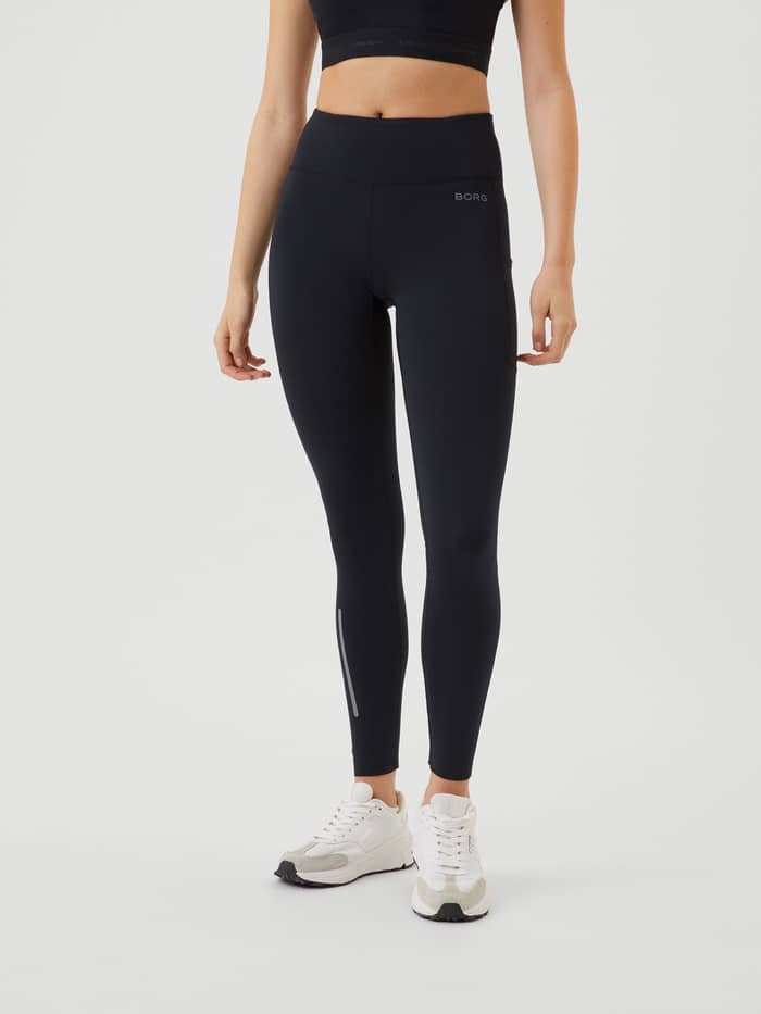 Vorderansicht der schmalen Borg Running Winter Tights in Black Beauty (Schwarz) mit grauem Logo zum Laufen. - Image 2