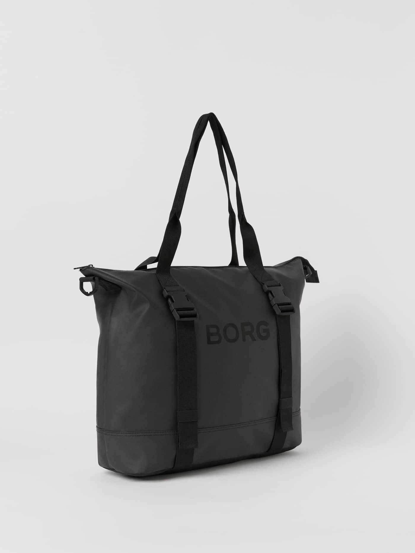 Vue de trois-quarts du Borg Duffle Tote 28L en Black Beauty (Noir), un sac d'entraînement à boucles réglables. - Image 2