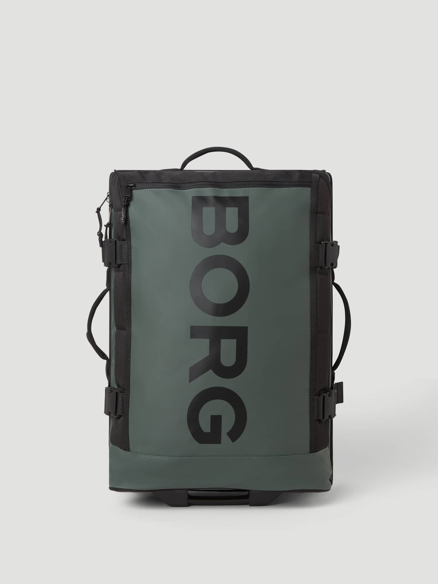 Front view of the Borg Travel Trolley S - 46L in Mountain View (Green) with a large black logo on durable material. - Image 5