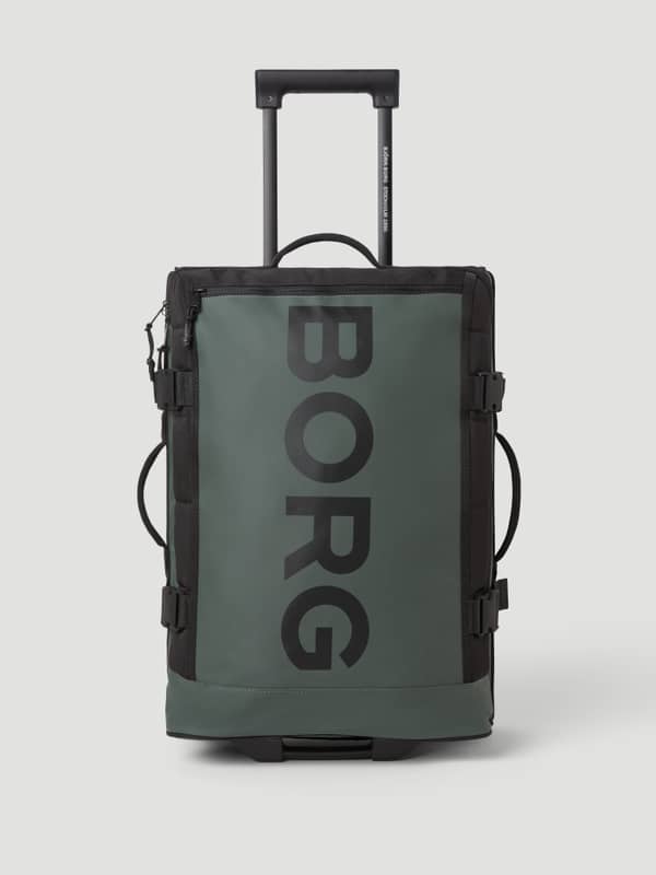 Vorderansicht des Borg Travel Trolley S - 46L in Mountain View (Grün) mit schwarzem Logo aus TPE-beschichtetem Polyester.