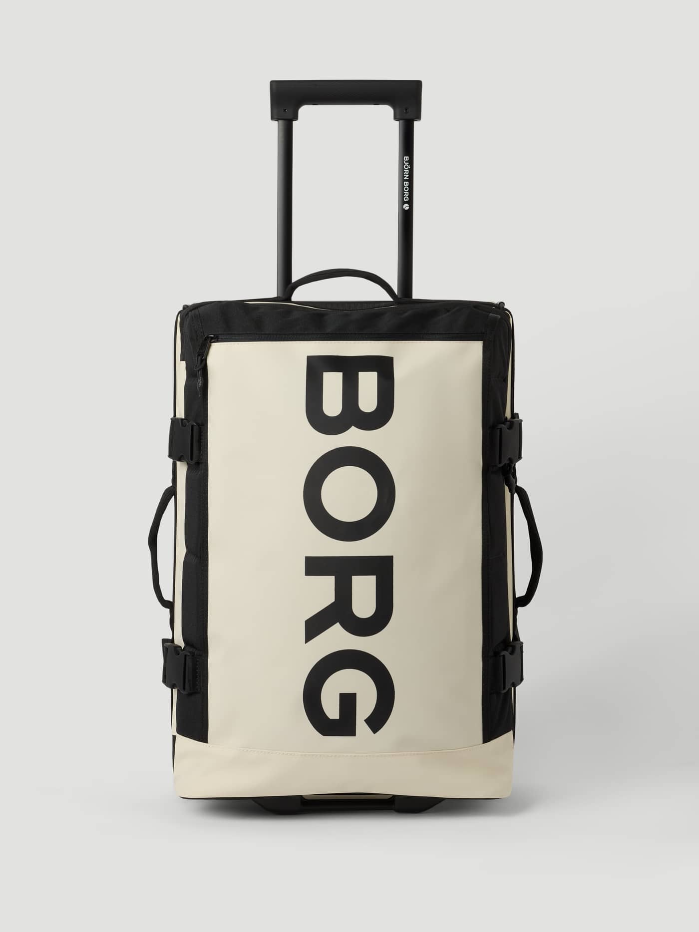 Front view of the Borg Travel Trolley S - 46L in Bone White (White) with a large black logo and extended top handle. - Image 1