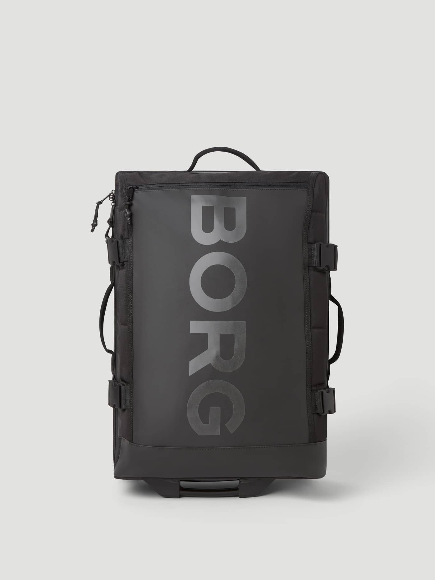 Front view of the Borg Travel Trolley S - 46L in Black Beauty (Black), a durable TPE-coated travel bag with two wheels. - Image 4