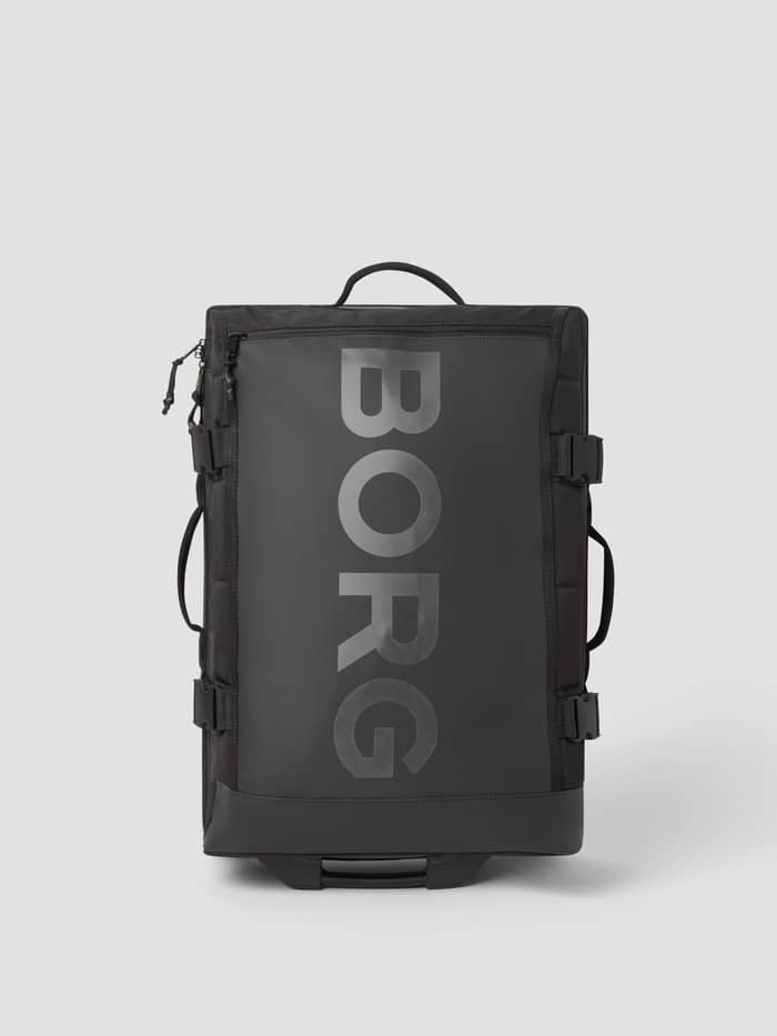Vooraanzicht van de Borg Travel Trolley S - 46L in Black Beauty (Zwart), een duurzame reistas met TPE-coating en twee wielen. - Image 4