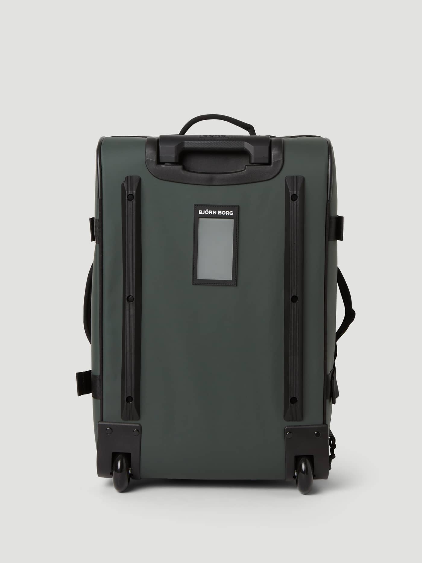 Back view of the durable TPE-coated Borg Travel Trolley S - 46L in Mountain View (Green) with sturdy rails and wheels. - Image 3