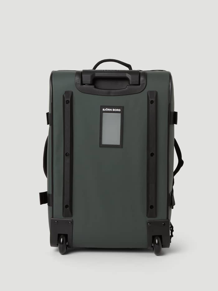 Achteraanzicht van de TPE-gecoate Borg Travel Trolley S - 46L in Mountain View (Groen) met stevige rails en wieltjes. - Image 3