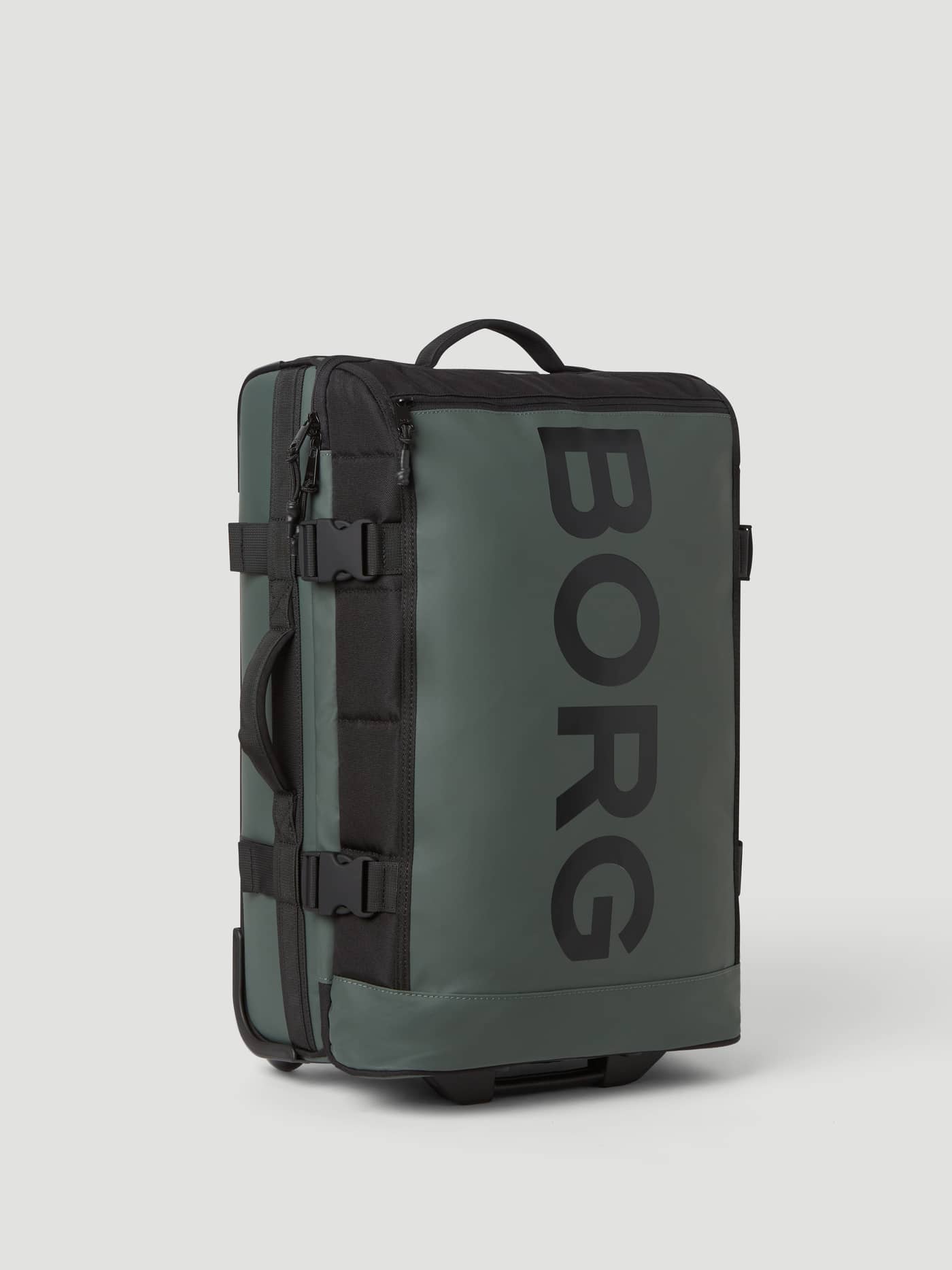 Angled front view of the green Borg Travel Trolley S - 46L, featuring a large BORG logo and durable TPE-coated polyester. - Image 4