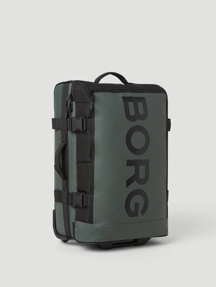 Borg Travel Trolley S - 46L in Mountain View (Groen) van TPE-gecoat polyester met zwart logo, schuin vooraanzicht. - Image 4