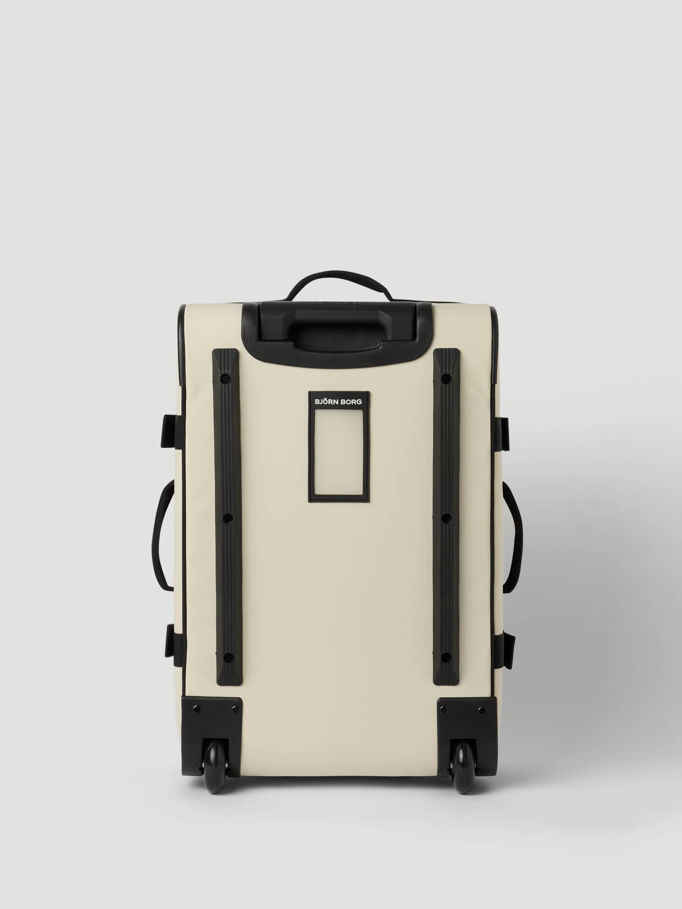 Back view of the Björn Borg Travel Trolley S - 46L in Bone White (White) featuring black rails and wheels. - Image 4