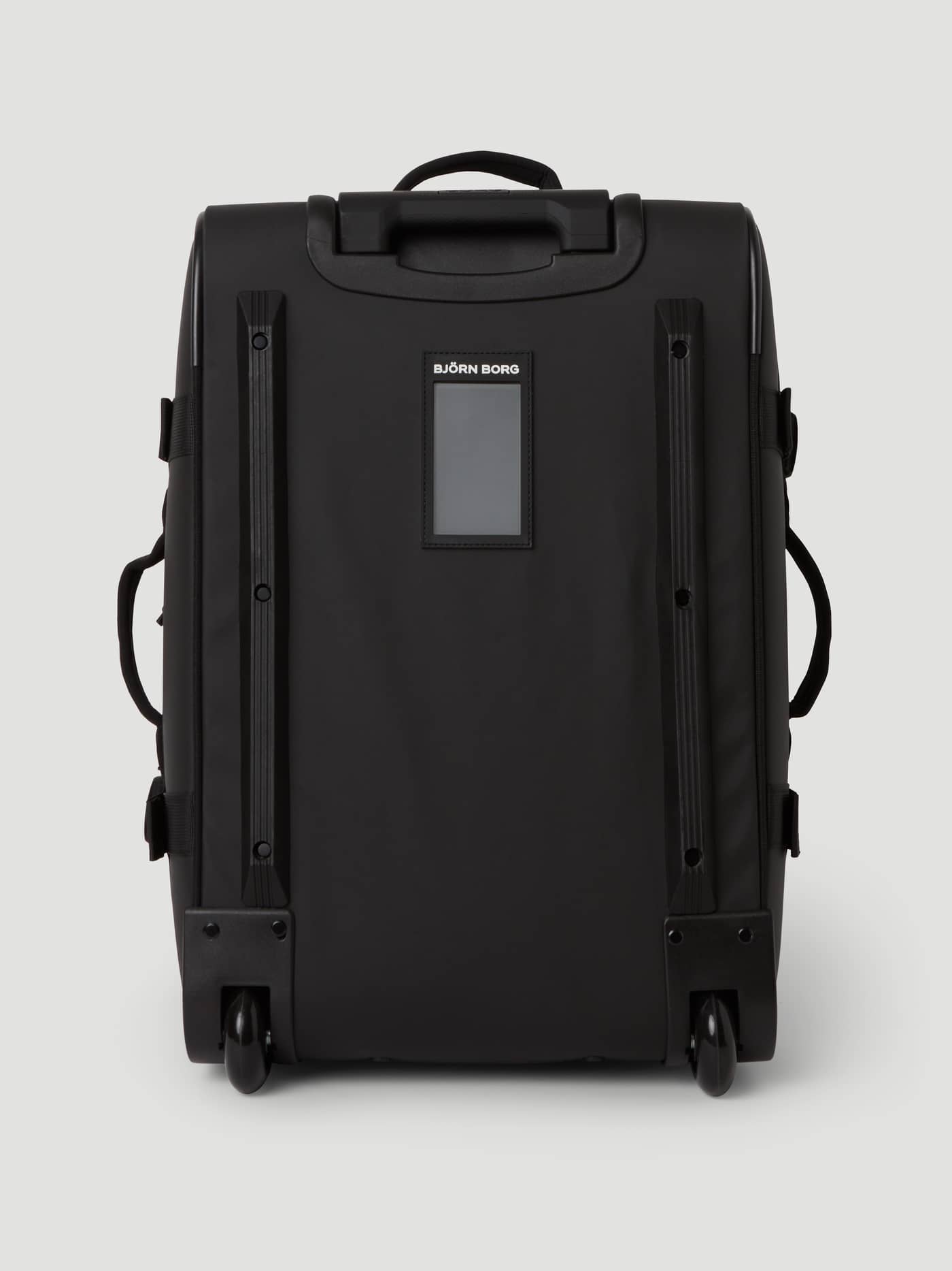 Back view of the Borg Travel Trolley L - 80L in Black Beauty (Black) with TPE-coated polyester, wheels, and a white logo. - Image 3