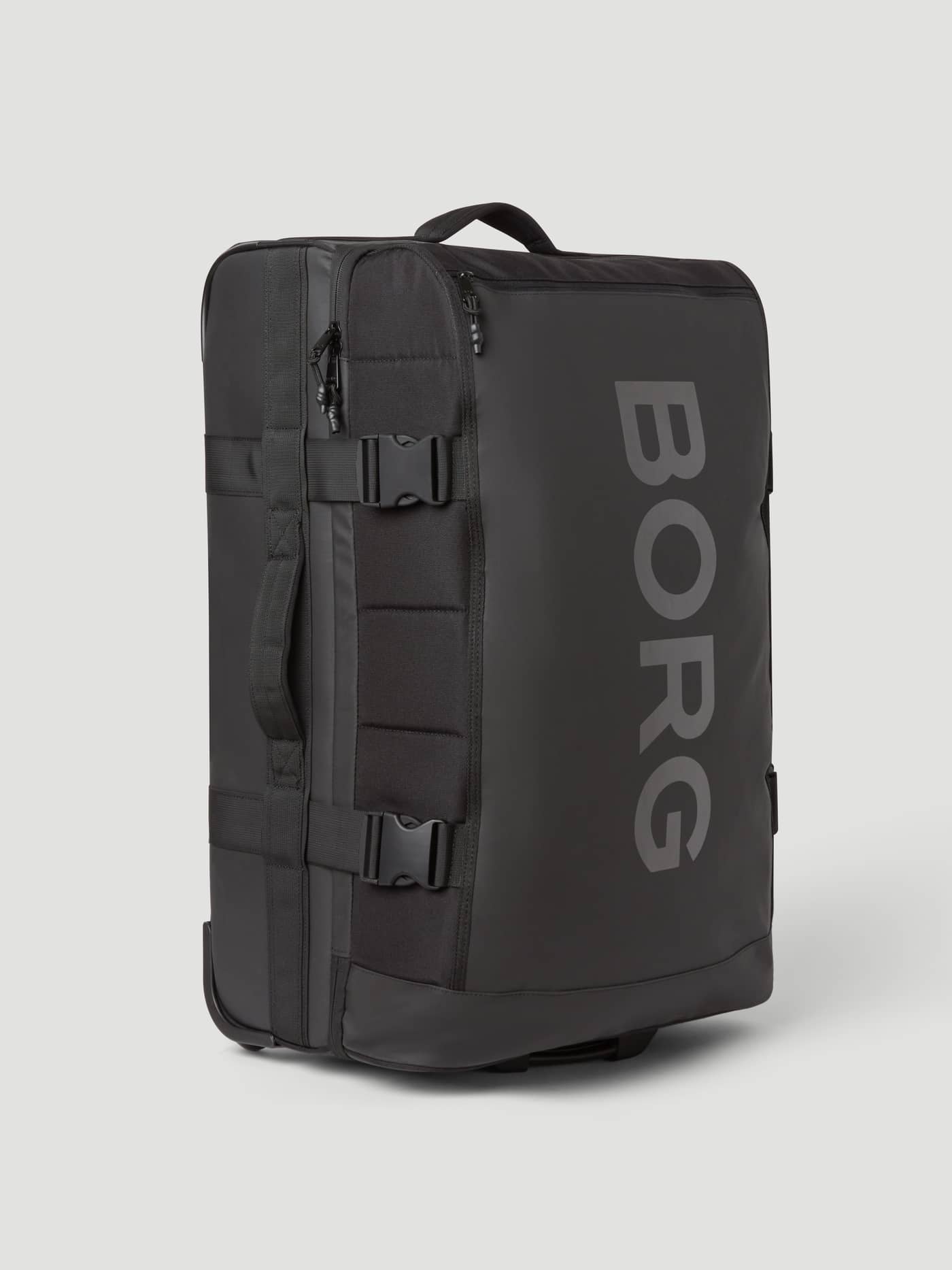 Angle view of the sleek Borg Travel Trolley L - 80L in Black Beauty (Black) with a grey logo and TPE-coated polyester. - Image 7