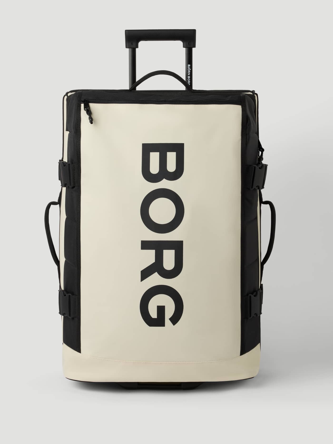 Front view of the Borg Travel Trolley L - 80L in Bone White (White) with a large vertical black logo and side handles. - Image 2