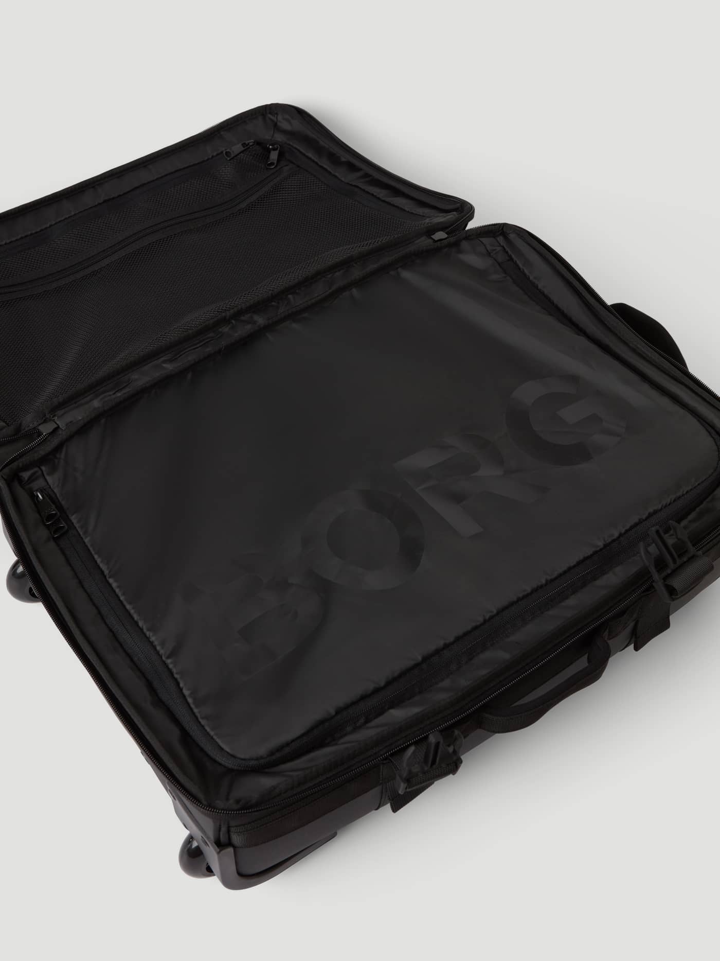 Interior view of the Borg Travel Trolley L - 80L in Black Beauty (Black), with zippered compartments and BORG logo. - Image 4