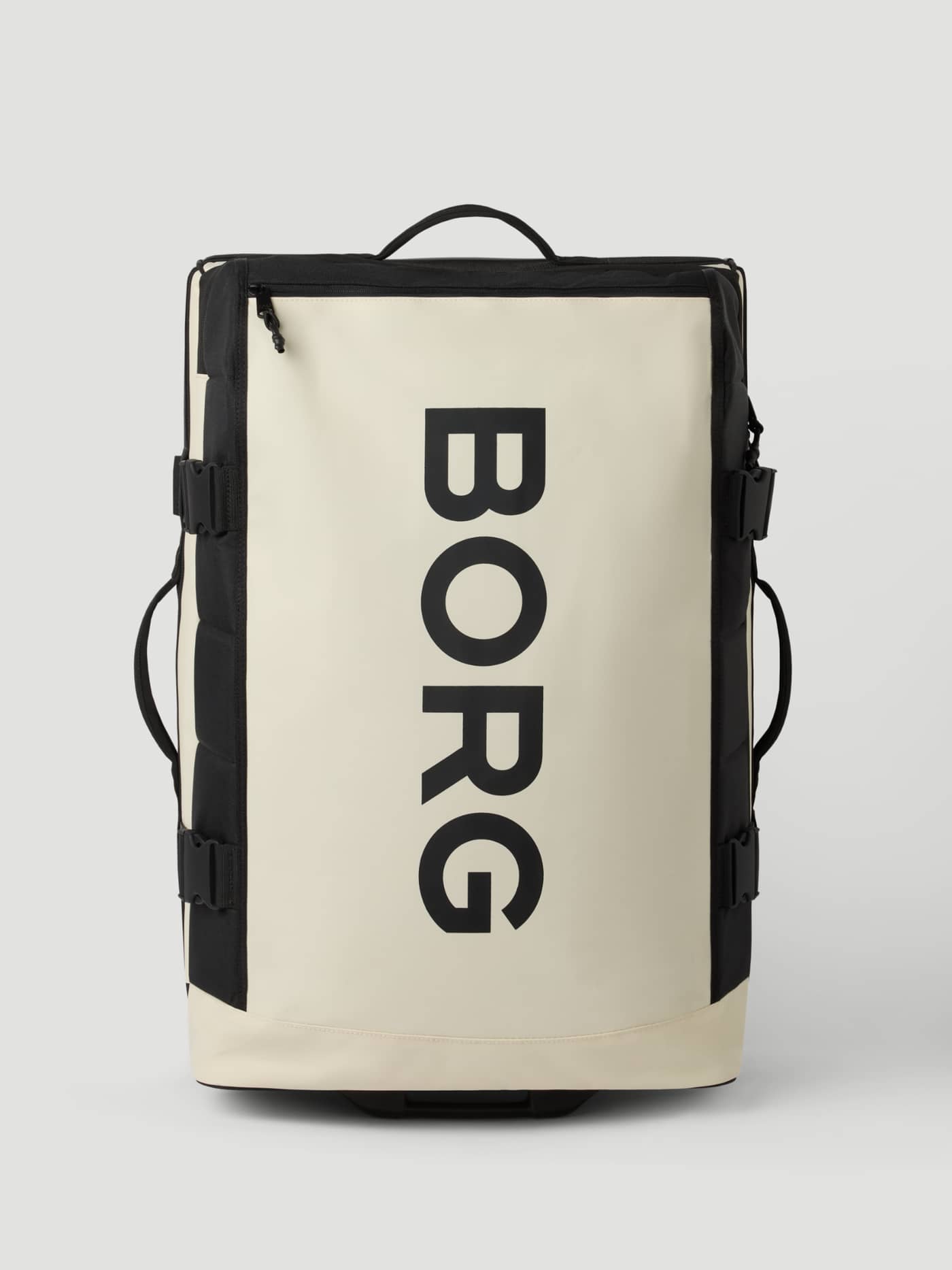Front view of the Borg Travel Trolley L - 80L in Bone White (White) made from durable polyester with a large black logo. - Image 3