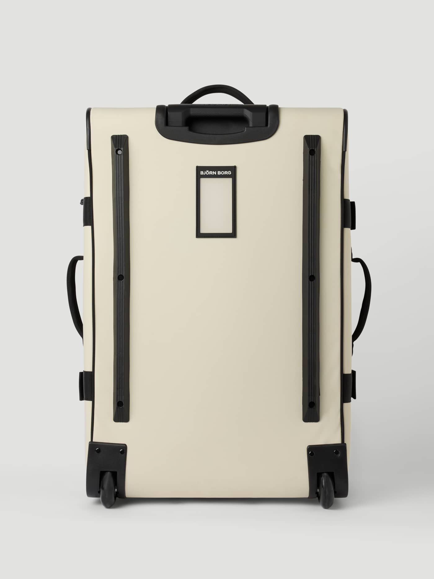 Back view of the durable Borg Travel Trolley L - 80L in Bone White (White), featuring wheels and protective rails. - Image 5