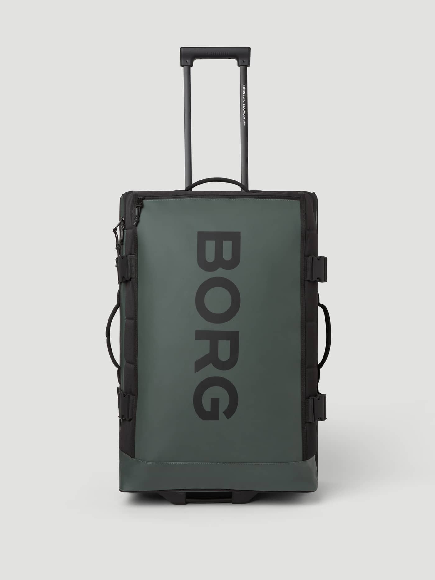 Borg Travel Trolley L - 80L in Green featuring a black logo, durable TPE-coated material, and an extended handle. - Image 1