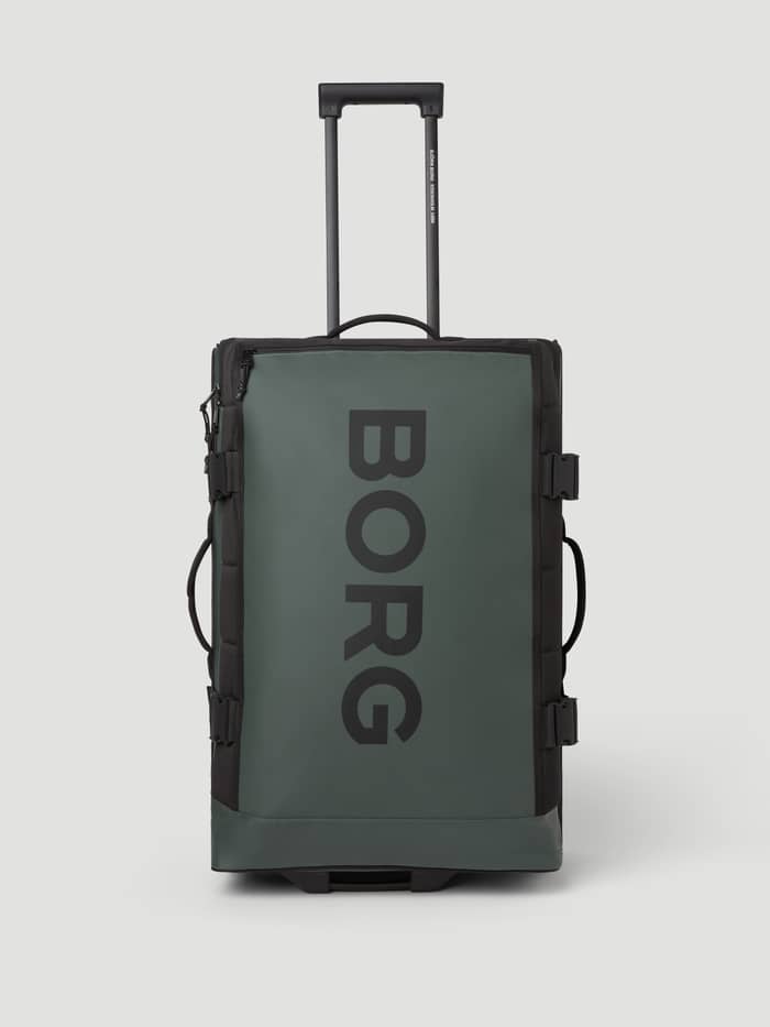 Borg Travel Trolley L - 80L in Green featuring a black logo, durable TPE-coated material, and an extended handle.