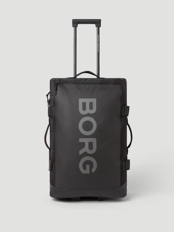 Borg Travel Trolley L - 80L i Black Beauty (Svart) sedd framifrån i slitstarkt TPE-belagt material med en grå logotyp.