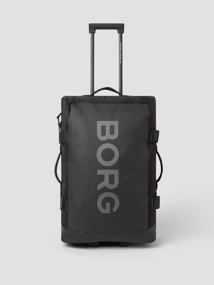 Front view of the Borg Travel Trolley L - 80L in Black Beauty (Black) featuring a grey logo and durable TPE-coated material.