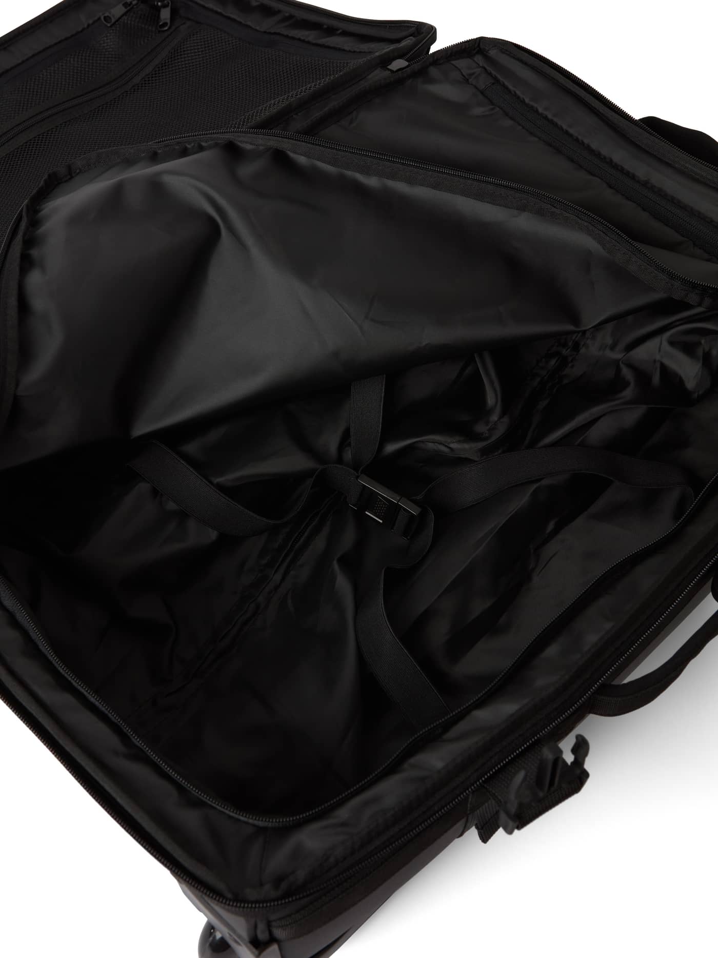 Open interior of the Borg Travel Trolley L - 80L in Black Beauty (Black), with packing straps and mesh compartments. - Image 5