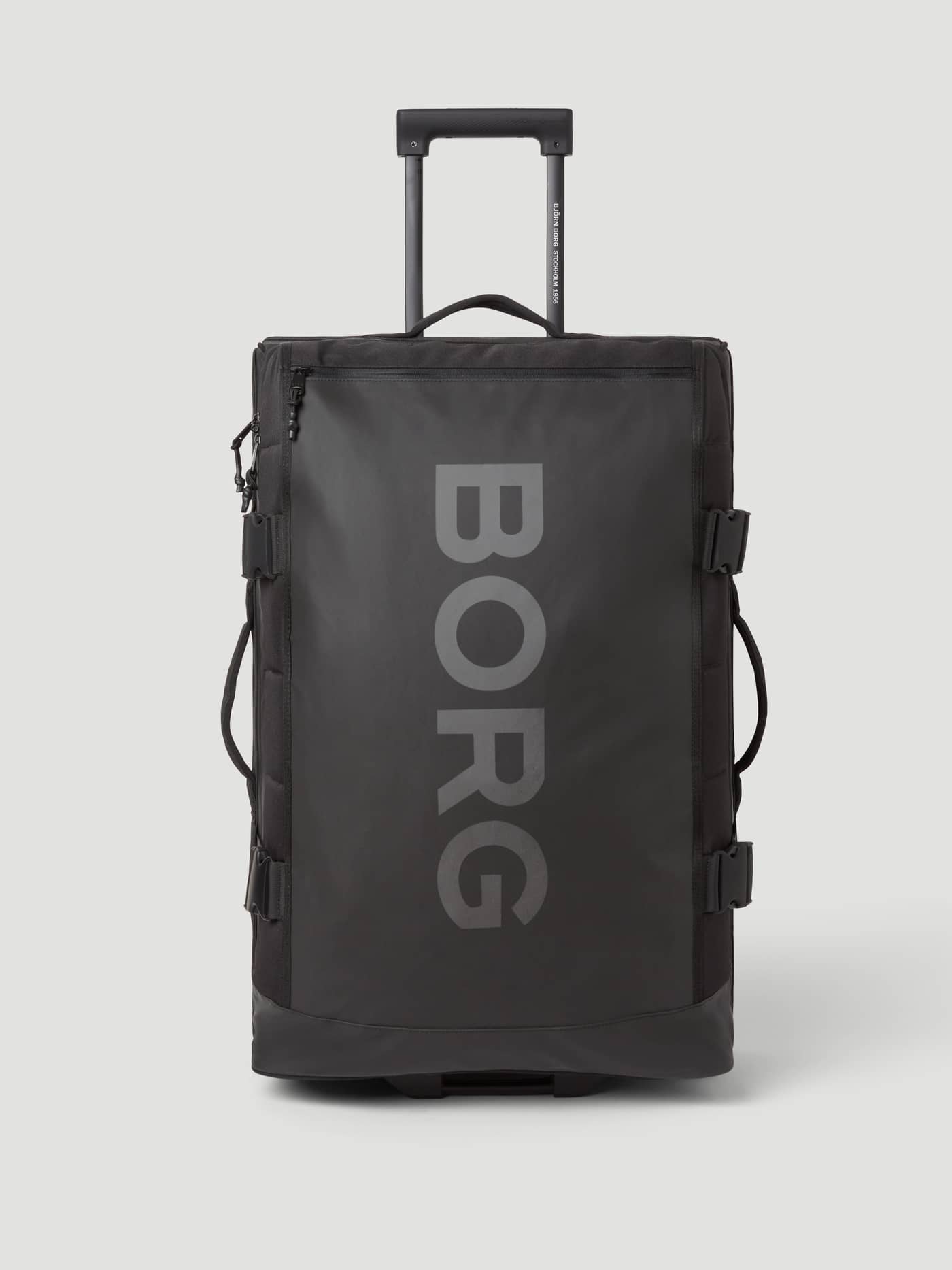 Front view of the durable, TPE-coated Borg Travel Trolley L - 80L in Black Beauty (Black) with a large grey logo. - Image 9