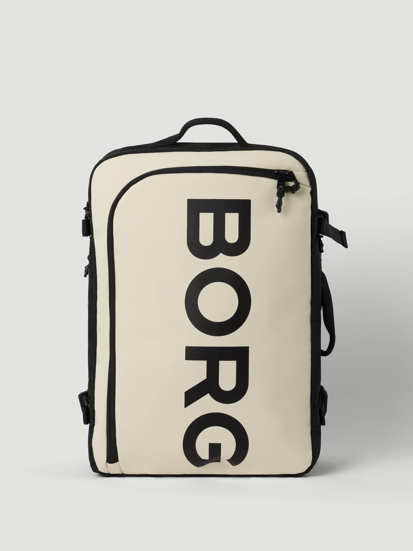Front view of the Bone White (White) Borg Travel Backpack L - 35L with a large black logo and TPE-coated polyester. - Image 2