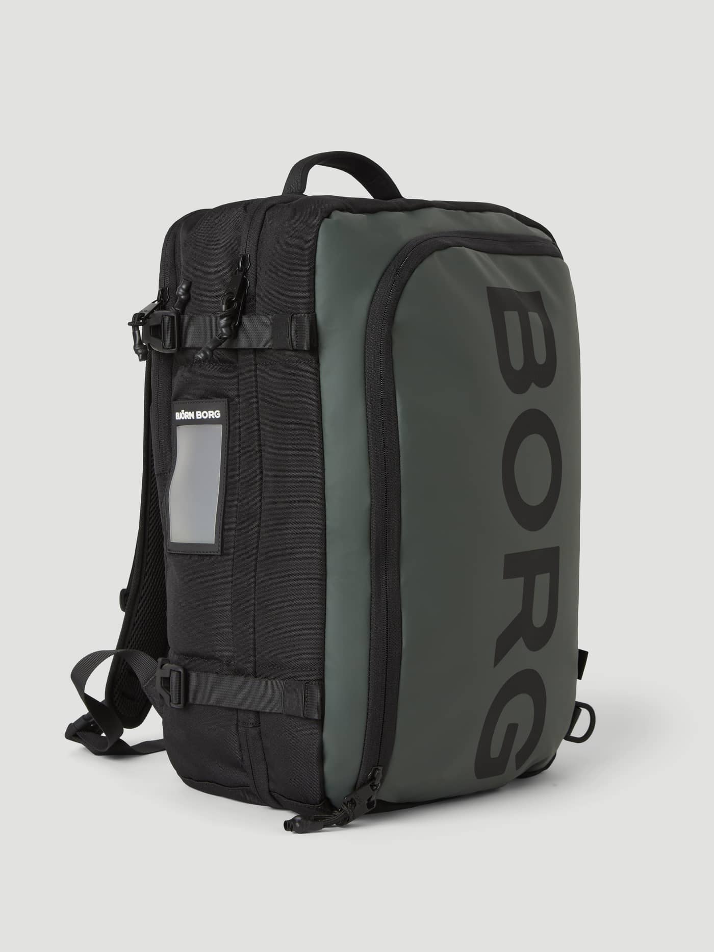 Three-quarter view of the Borg Travel Backpack L - 35L in Mountain View (Green) featuring a vertical black BORG logo. - Image 2
