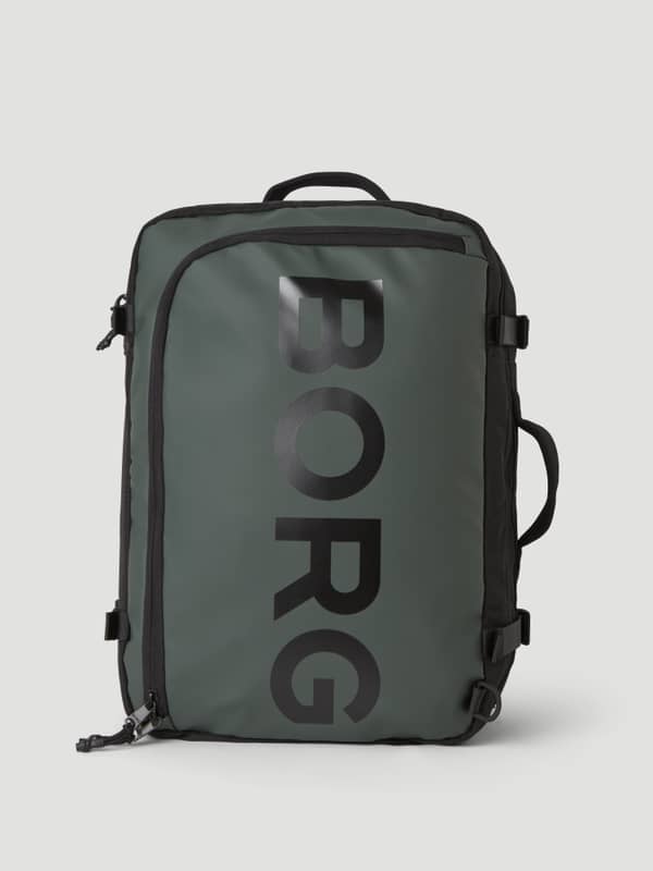 Front view of the Borg Travel Backpack L - 35L in Mountain View (Green) with a large black logo and TPE coating.