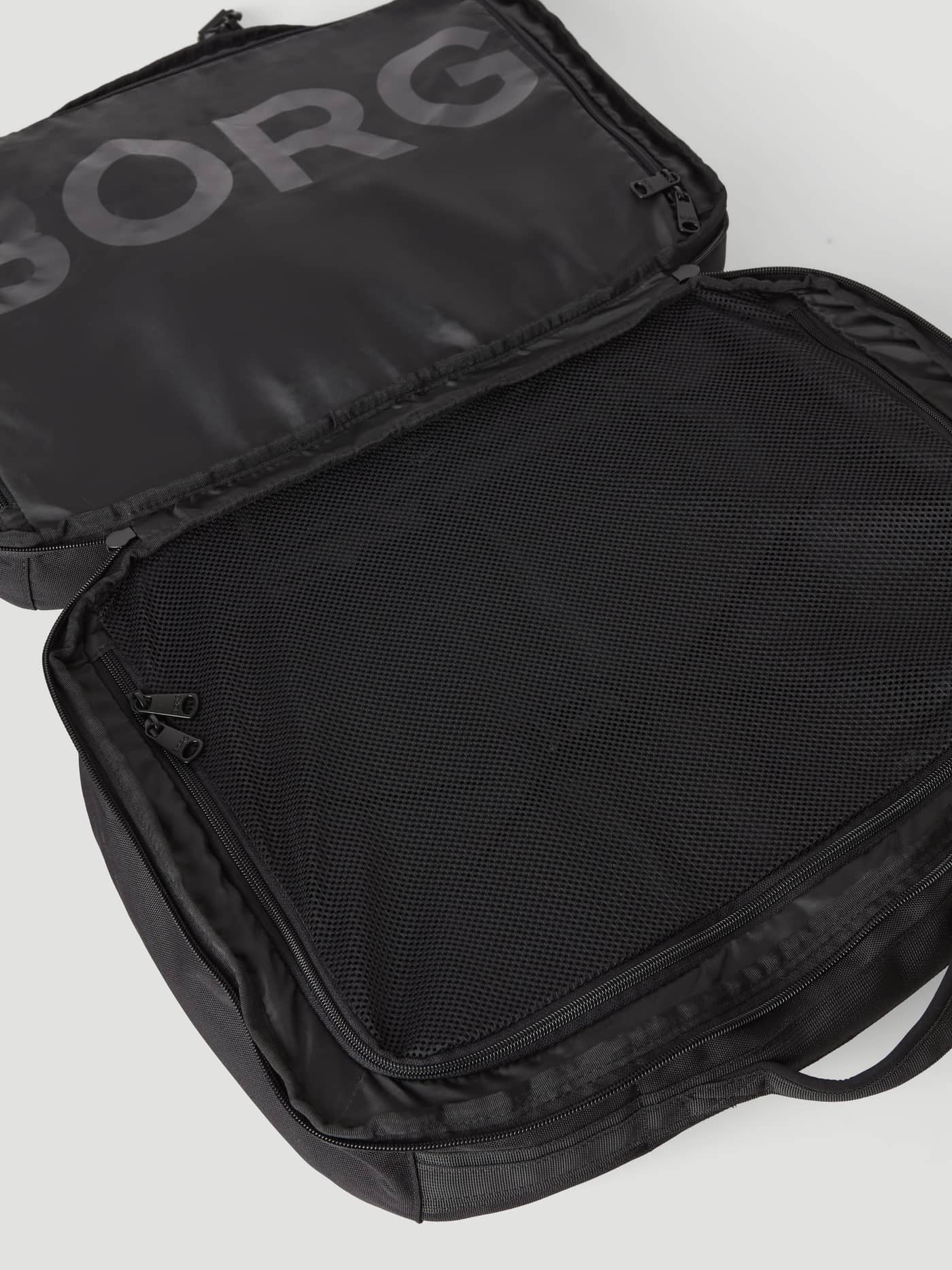 Borg Travel Backpack L - 35L in Green, featuring a black interior with a zippered mesh compartment and black logo. - Image 5