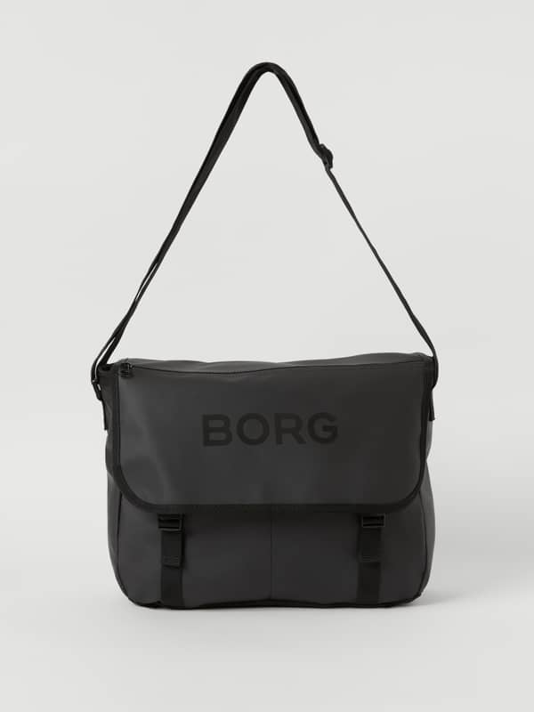Front view of the black Borg Duffle Messenger Bag 12L featuring a durable rubber-like finish and black Borg logo.