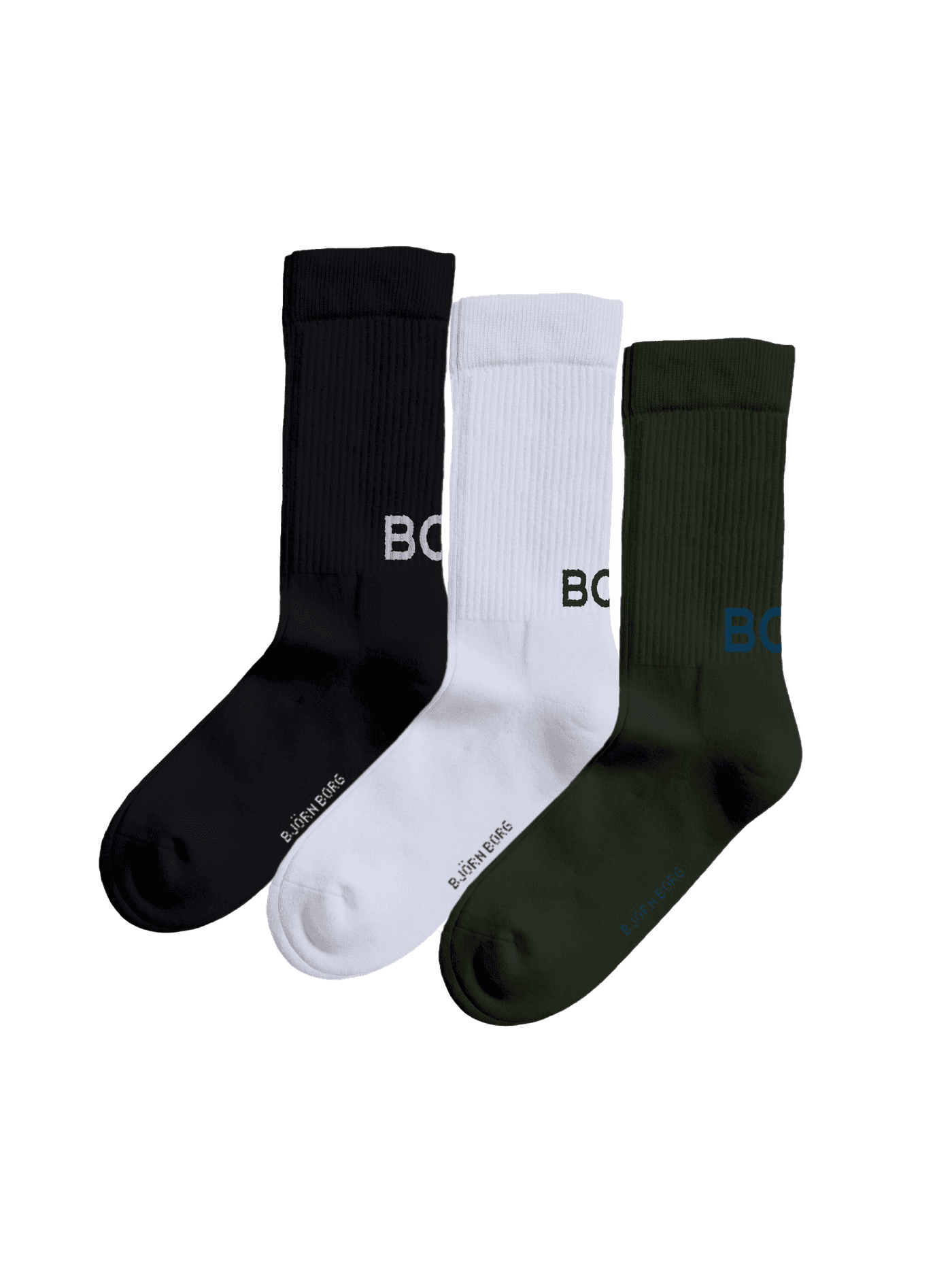 Core Crew Polyamide Socks 3-pack in Multi (Multi) featuring black, white, and green soft knit training socks with BORG logos. - Image 1