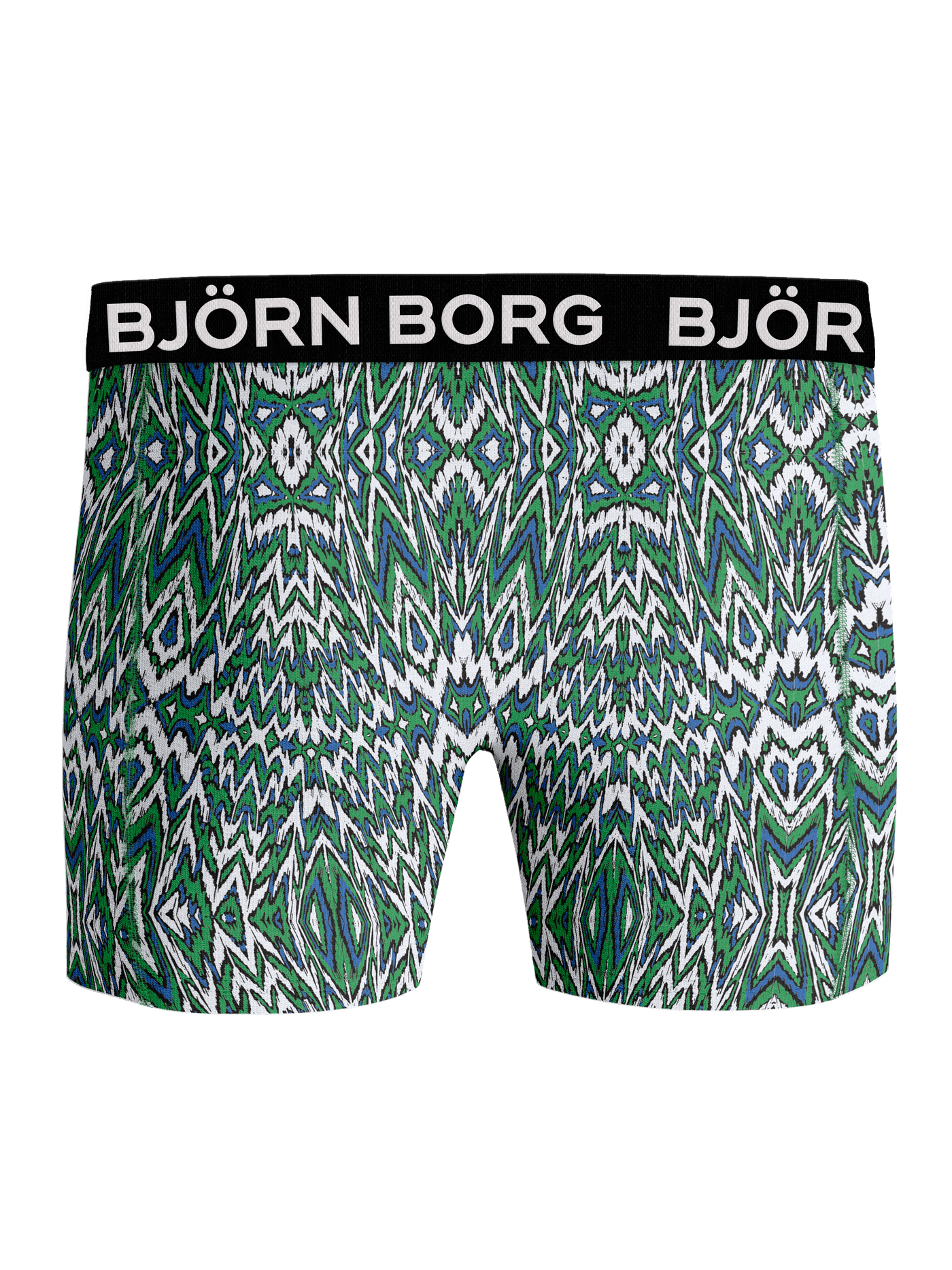 Microfiber Boxer 1-pack boxer briefs in a green and blue kaleidoscope print with a white logo on a black waistband. - Image 2